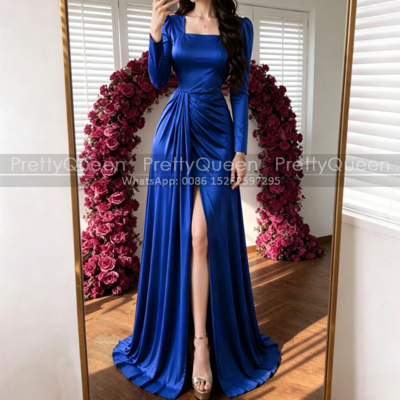 High Slit A Line Bridesmaid Dresses Long Sleeves Square Neck Royal Blue Sexy Customized Wedding Party Dress
High Slit A Line Bridesmaid Dresses Long Sleeves Square Neck Royal Blue Sexy Customized Wedding Party Dress