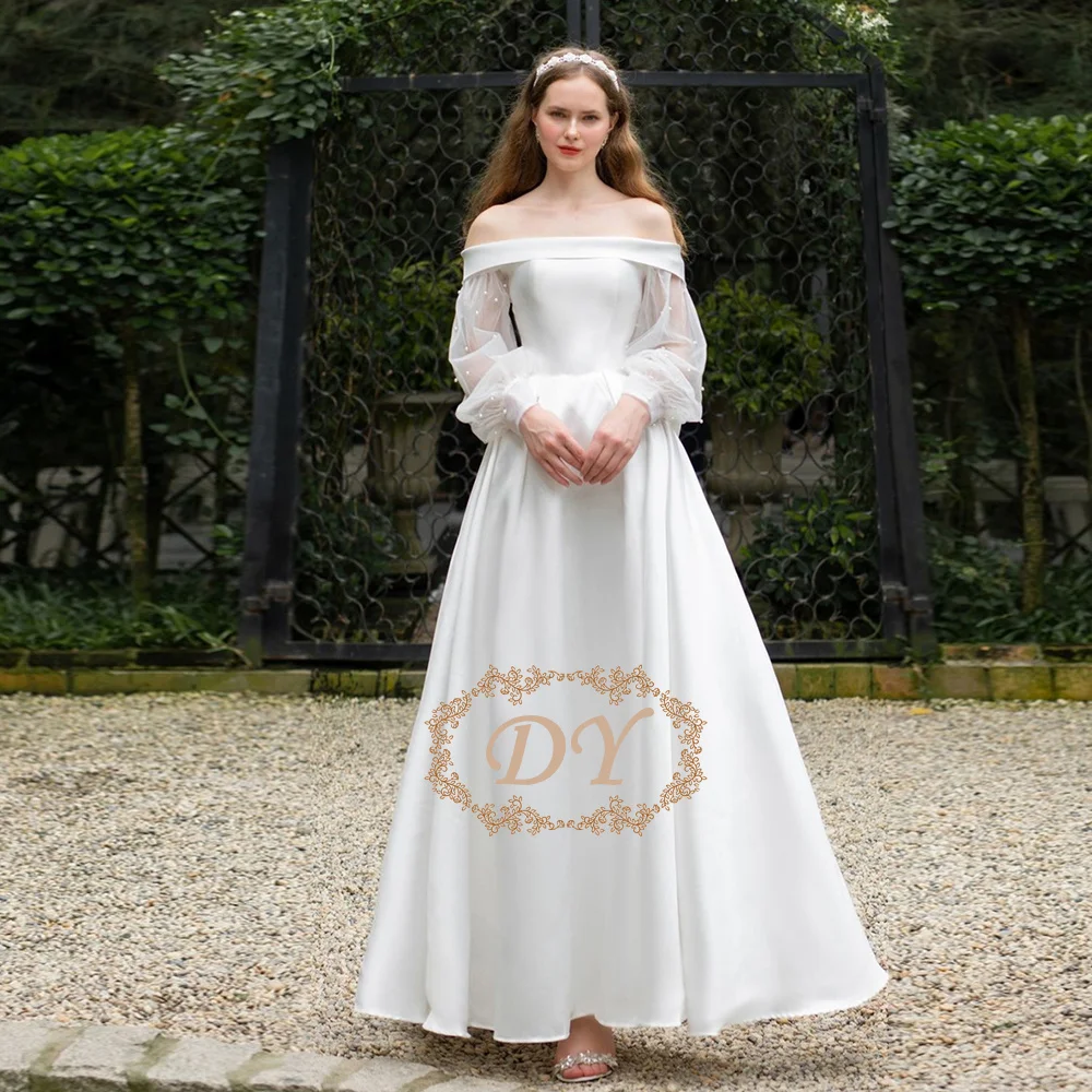 DY Elegant Silk Satin A-line Wedding Dress Detachable Tulle Pearls Sleeves Off The Shoulder Ankle-Length Bridal Gown Customized
DY Elegant Silk Satin A-line Wedding Dress Detachable Tulle Pearls Sleeves Off The Shoulder Ankle-Length Bridal Gown Customized