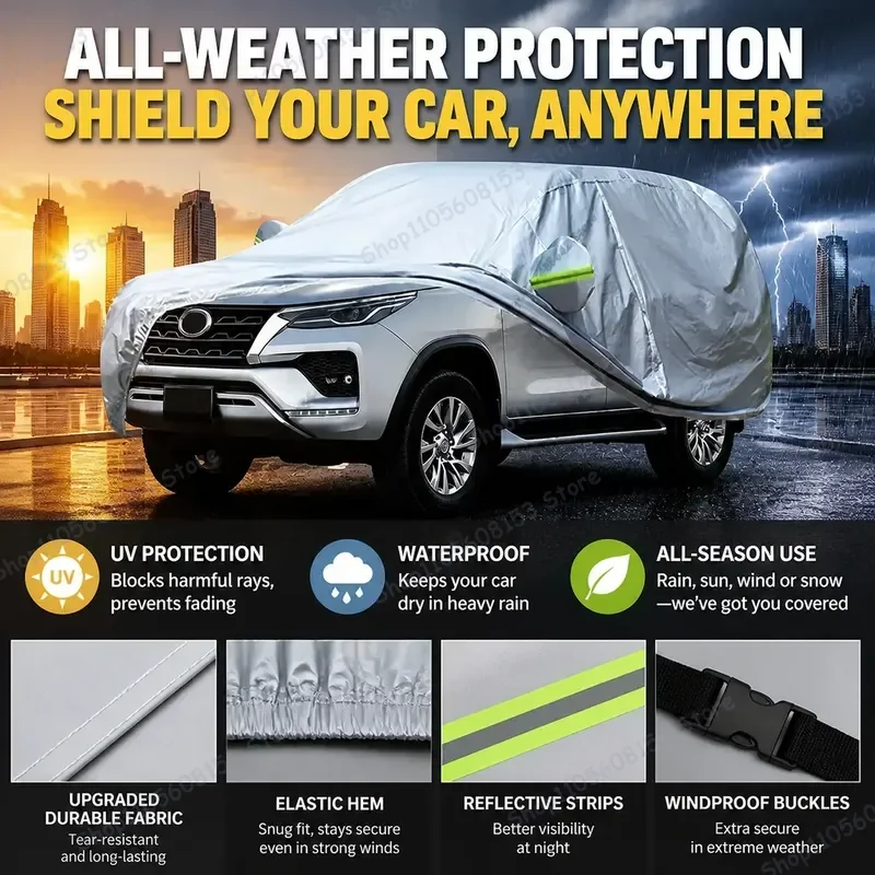 For Toyota Fortuner SW4 SUV Full Coverage Outdoor Car Cover UV Resistant Sun Shade Snow Rain Ice Dustproof Weatherproof
For Toyota Fortuner SW4 SUV Full Coverage Outdoor Car Cover UV Resistant Sun Shade Snow Rain Ice Dustproof Weatherproof