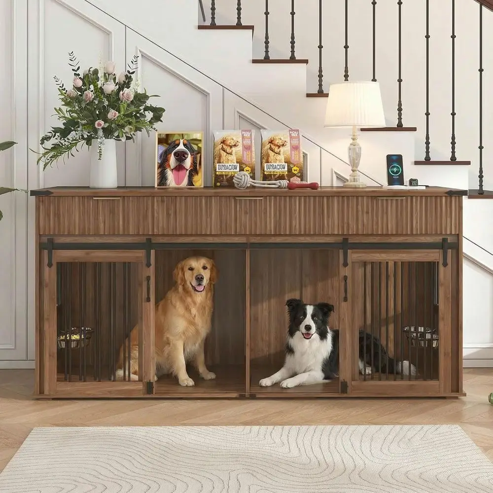 XXL Wooden Dog Crate for Two Dogs with Removable Divider, 360° Feeder, 3 Latched Doors, Charging Station, and Walnut Finish
XXL Wooden Dog Crate for Two Dogs with Removable Divider, 360° Feeder, 3 Latched Doors, Charging Station, and Walnut Finish