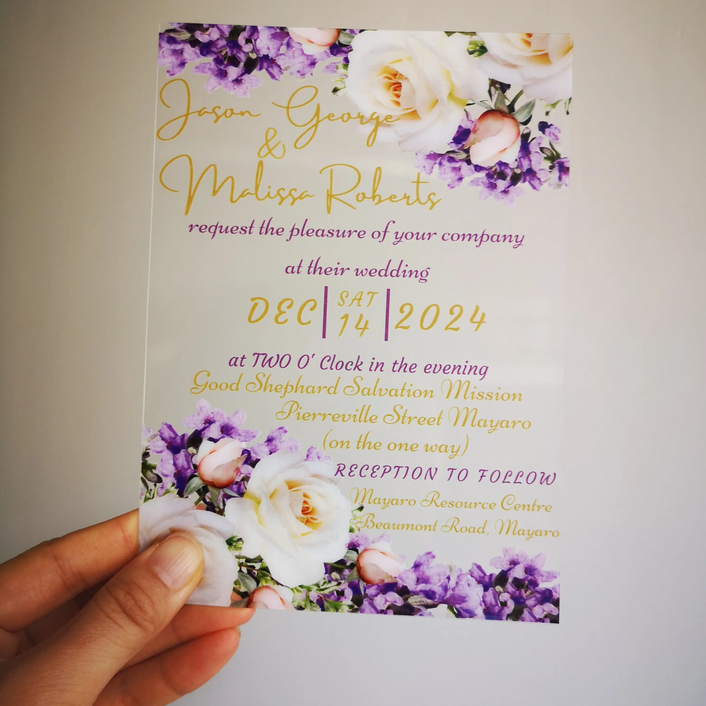 10pcs Purple Floral Watercolor 5x7inch Transparent Acrylic Wedding Invitation Cards Gold Printing
10pcs Purple Floral Watercolor 5x7inch Transparent Acrylic Wedding Invitation Cards Gold Printing