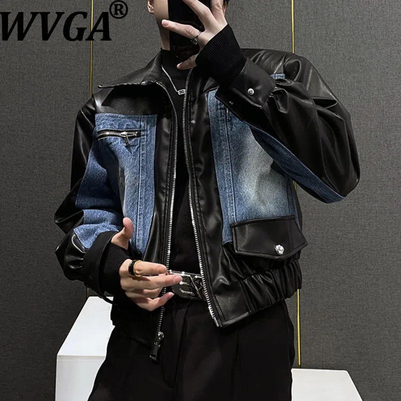 WVGA Spring Autumn New Man Short Jacket Turn-down Collar Zipper Denim Patchwork PU Leather Contrast Color Punk Chic Coats W13219
WVGA Spring Autumn New Man Short Jacket Turn-down Collar Zipper Denim Patchwork PU Leather Contrast Color Punk Chic Coats W13219
