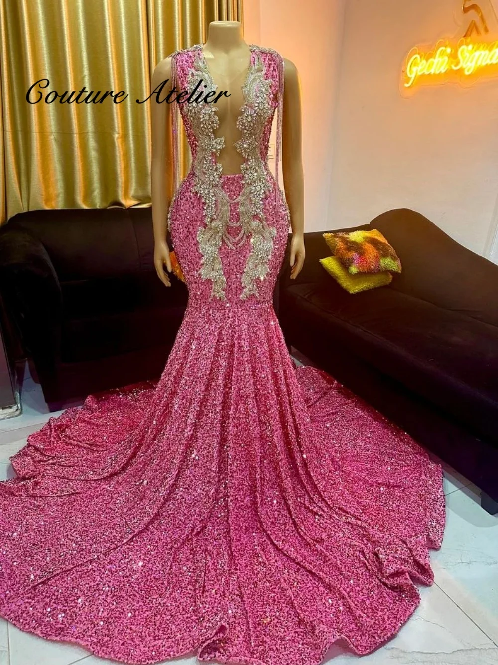 Pink Sequin Beaded Crystal Prom Dresses 2027 Tassels Shoulder African Engagements Mermaid Party Evening Dress Customized
Pink Sequin Beaded Crystal Prom Dresses 2027 Tassels Shoulder African Engagements Mermaid Party Evening Dress Customized