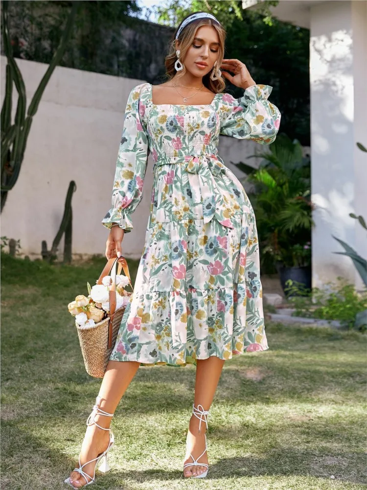 Fashion Printed New Lace Up Waist Long Skirt Autumn New Style Square Collar Trumpet Sleeve Long Sleeved High Waisted Dress
Fashion Printed New Lace Up Waist Long Skirt Autumn New Style Square Collar Trumpet Sleeve Long Sleeved High Waisted Dress