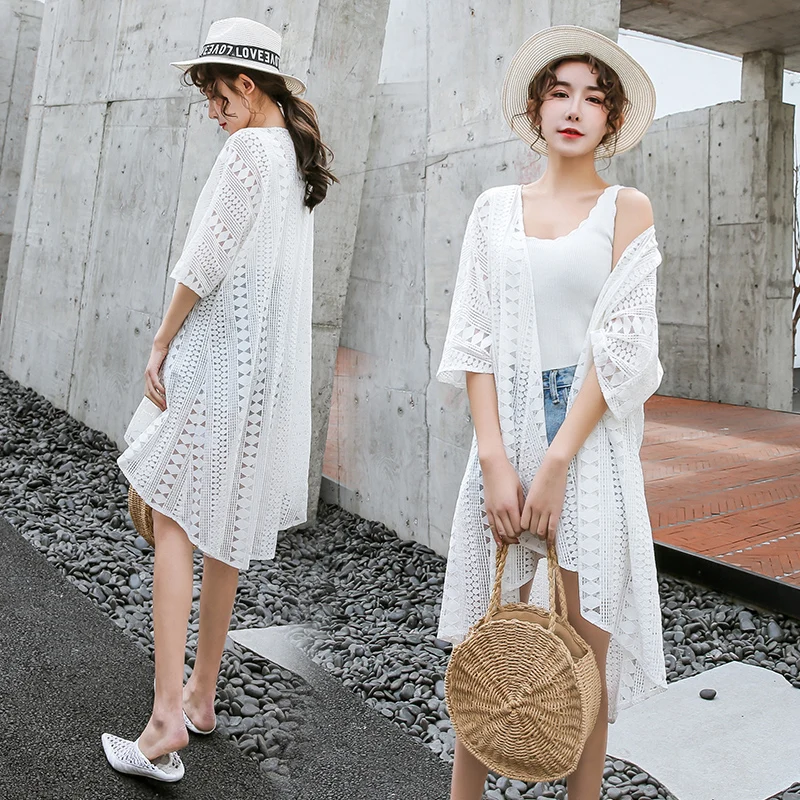 Women Summer White Lace Kimono Cardigan Open-Front Hollow Out Boho Beach Cover-Up Long Shirts Korean Style Sun-Protection Top
Women Summer White Lace Kimono Cardigan Open-Front Hollow Out Boho Beach Cover-Up Long Shirts Korean Style Sun-Protection Top