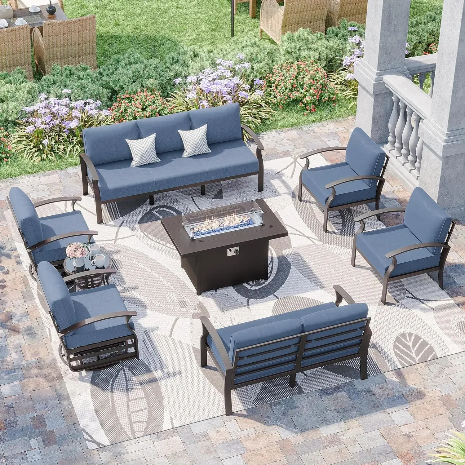 - Aluminum Patio Furniture Set with 55,000 BTU Propane Fire Pit 9 Seats with Swivel & Swing Sofa Garden Furniture
- Aluminum Patio Furniture Set with 55,000 BTU Propane Fire Pit 9 Seats with Swivel & Swing Sofa Garden Furniture