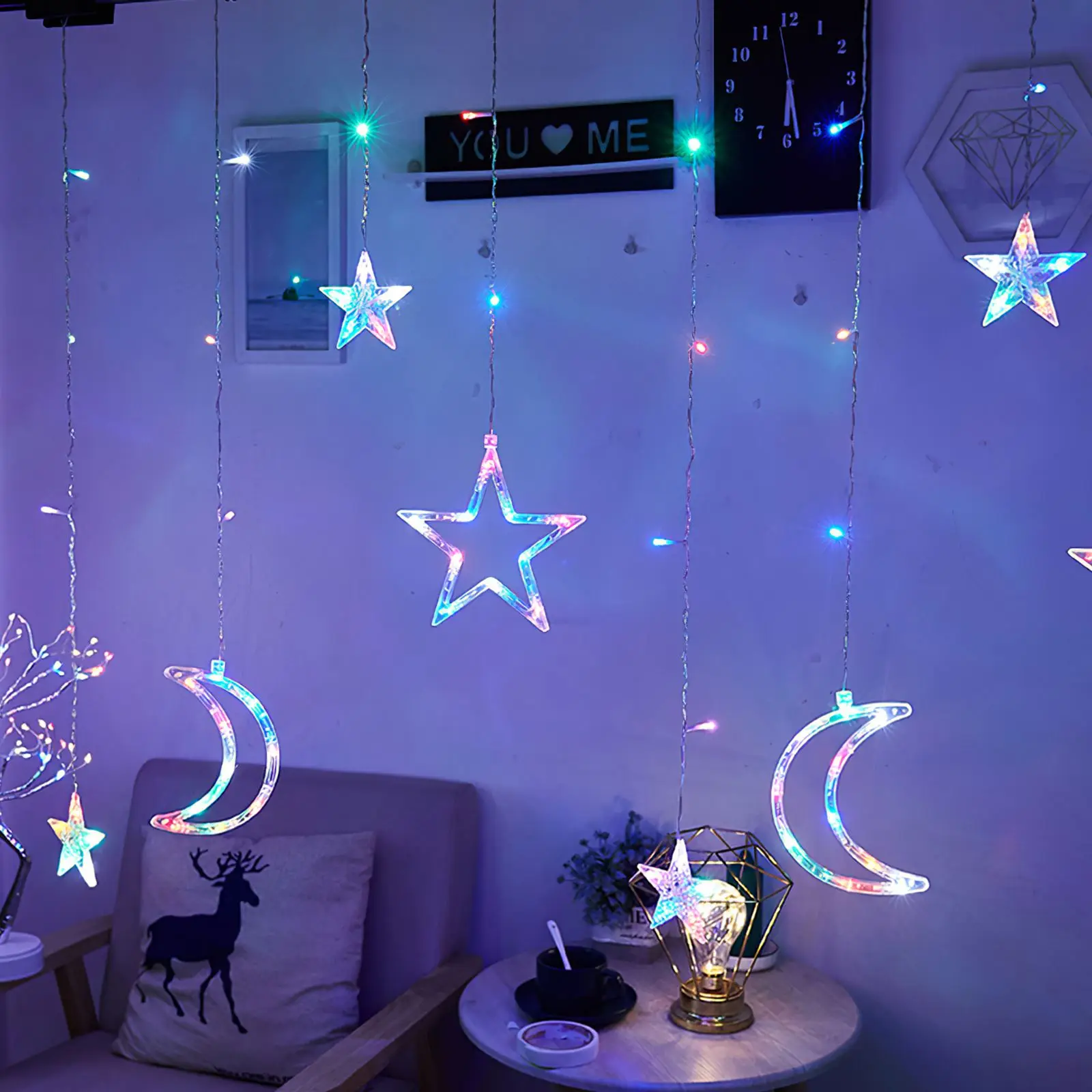Christmas Decoration LED Star Lamp EU Romantic Moon Curtain Light String For Room Home Wedding Halloween Party Window Decor
Christmas Decoration LED Star Lamp EU Romantic Moon Curtain Light String For Room Home Wedding Halloween Party Window Decor