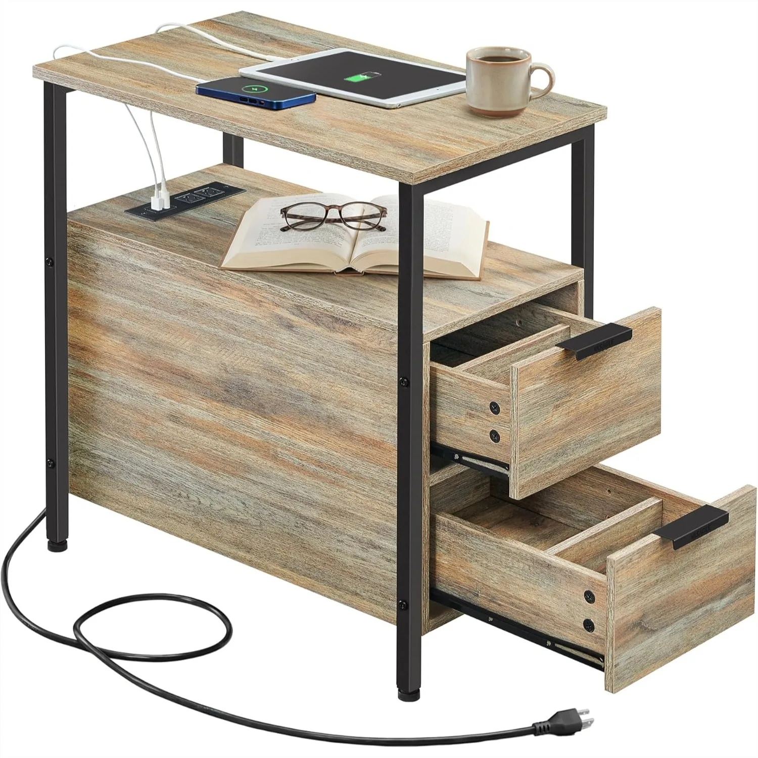 Side End Table with Charging Station, Narrow Nightstand with 2 Drawers, Slim Bedside Table for Living Room, Turquoise Brown and
Side End Table with Charging Station, Narrow Nightstand with 2 Drawers, Slim Bedside Table for Living Room, Turquoise Brown and