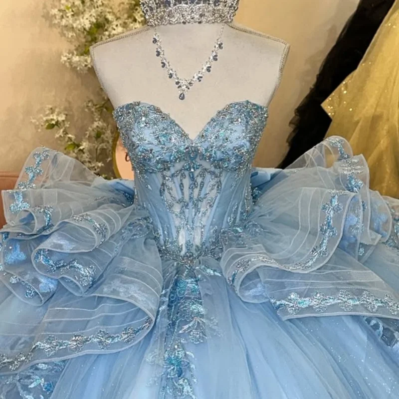 Небесно-голубые платья Quinceanera по индивидуальному заказу с открытыми плечами и аппликацией из пайеток, длинный хвост, многослойное платье из тюля с цветком Vestido 15, Quinceanera
Небесно-голубые платья Quinceanera по индивидуальному заказу с открытыми плечами и аппликацией из пайеток, длинный хвост, многослойное платье из тюля с цветком Vestido 15, Quinceanera