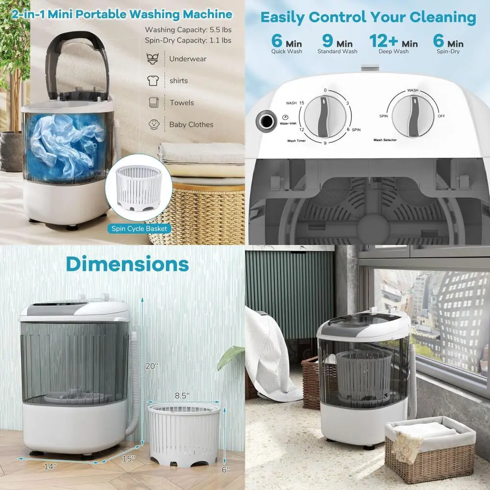 Compact 5.5 lbs Capacity Mini Washer with Spin Tub and Drain Hose, Ideal for Dorms, RVs, and Small Homes (Grey)
Compact 5.5 lbs Capacity Mini Washer with Spin Tub and Drain Hose, Ideal for Dorms, RVs, and Small Homes (Grey)