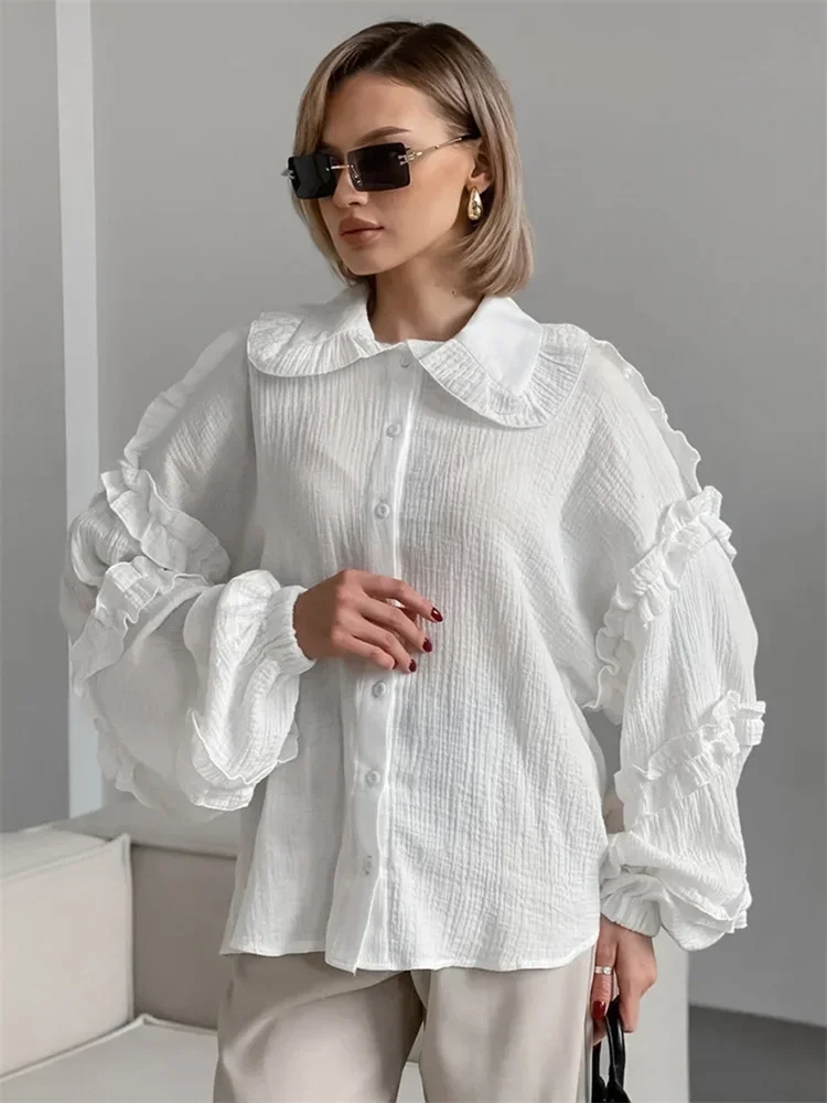 Ruffled White Loose Shirts For Women Long Sleeve Elegant Fashion Autumn Solid Casual Outwear Female Shirts Coat Summer New
Ruffled White Loose Shirts For Women Long Sleeve Elegant Fashion Autumn Solid Casual Outwear Female Shirts Coat Summer New