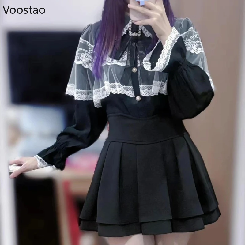 Japanese Gothic Y2k Lolita Style Bow Shirt Skirt Set Women Sweet Lace Ruffles Long Sleeve Button Shirt Punk A-Line Skirt Suits
Japanese Gothic Y2k Lolita Style Bow Shirt Skirt Set Women Sweet Lace Ruffles Long Sleeve Button Shirt Punk A-Line Skirt Suits