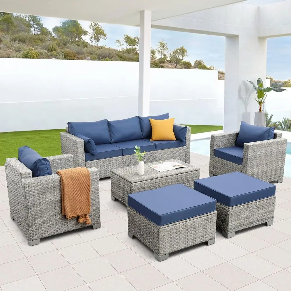 6-Piece Grey Wicker Outdoor Patio Furniture Set with Blue Cushions and Coffee Table
6-Piece Grey Wicker Outdoor Patio Furniture Set with Blue Cushions and Coffee Table