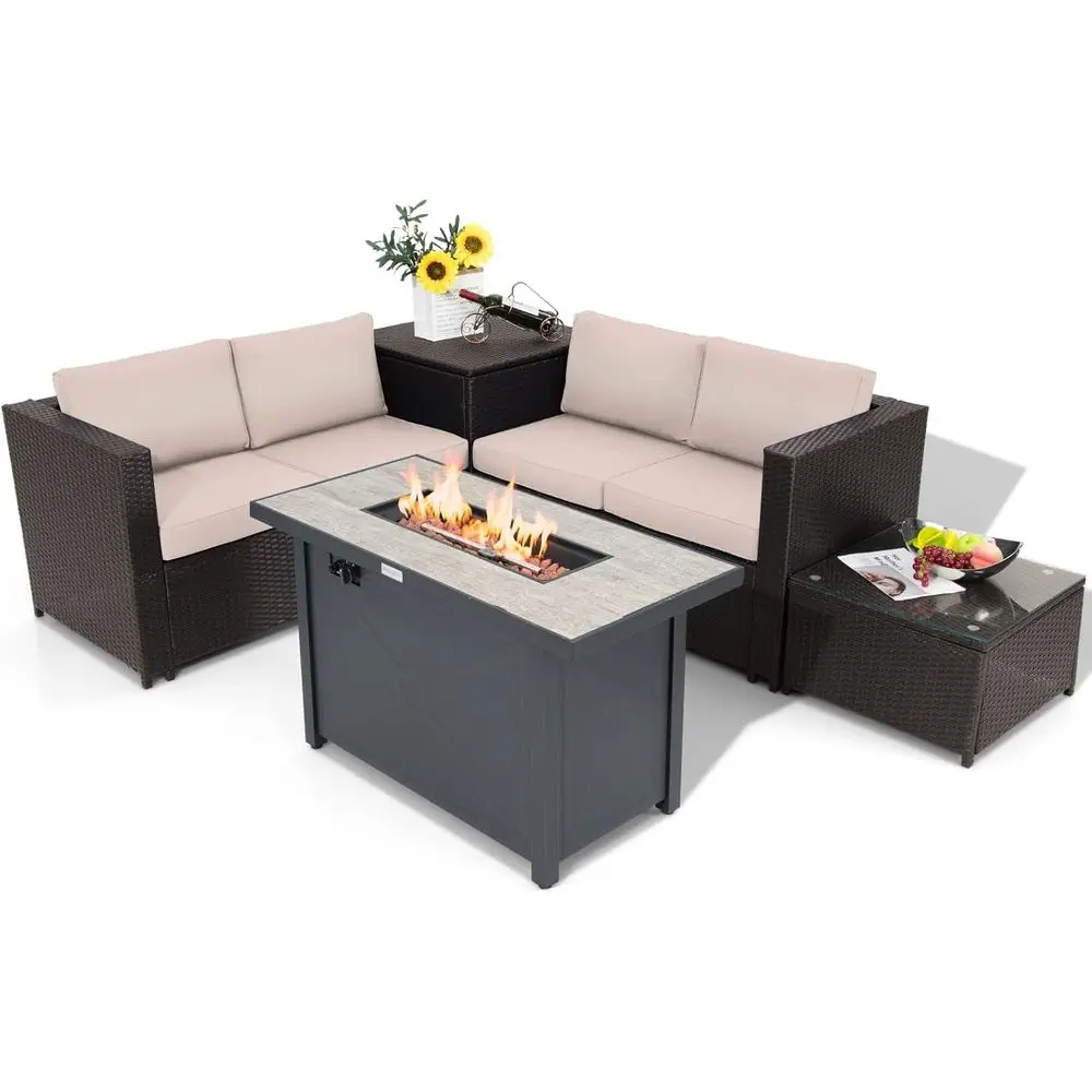 5-Piece Outdoor Wicker Patio Furniture Set with 42 Propane Fire Pit Table, Cushions, Storage, and Coffee Table
5-Piece Outdoor Wicker Patio Furniture Set with 42 Propane Fire Pit Table, Cushions, Storage, and Coffee Table