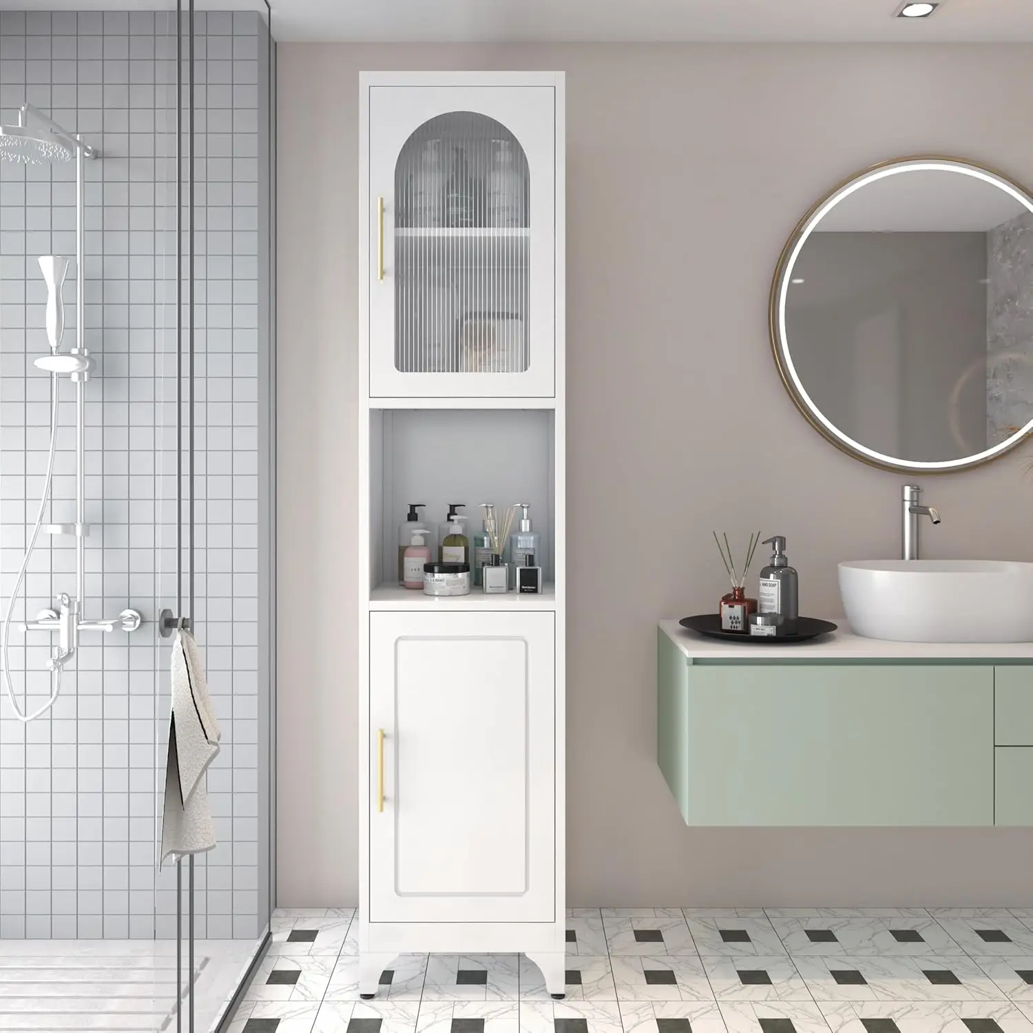 75" Tall Narrow Bathroom Storage Cabinet, Slim Cabinet with Acrylic Fluted Glass Door, Open Countertop, Adjustable Shelves,
75" Tall Narrow Bathroom Storage Cabinet, Slim Cabinet with Acrylic Fluted Glass Door, Open Countertop, Adjustable Shelves,