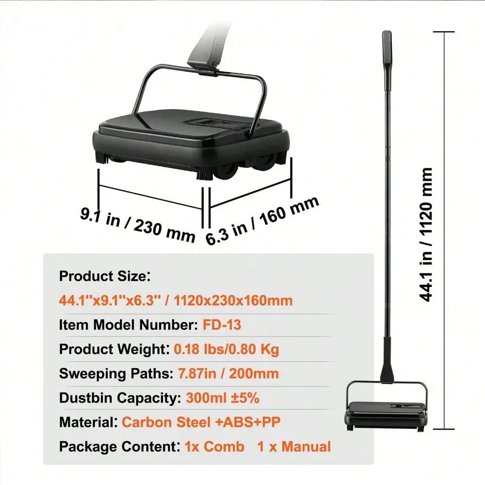 Sweeper, 7.87 In Sweeping Paths, Floor Sweeper Manual Non Electric, 300 Ml Dustbin Capacity With Comb For Home Office Rugs Hard
Sweeper, 7.87 In Sweeping Paths, Floor Sweeper Manual Non Electric, 300 Ml Dustbin Capacity With Comb For Home Office Rugs Hard