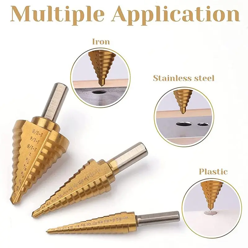 A58Z 6 Pcs Step Drill Bit Set Titanium HSS Unibit Drill Bits From 1/8 Inch to 1-3/8 Inch Stepped Up Bits & Center Punch
A58Z 6 Pcs Step Drill Bit Set Titanium HSS Unibit Drill Bits From 1/8 Inch to 1-3/8 Inch Stepped Up Bits & Center Punch