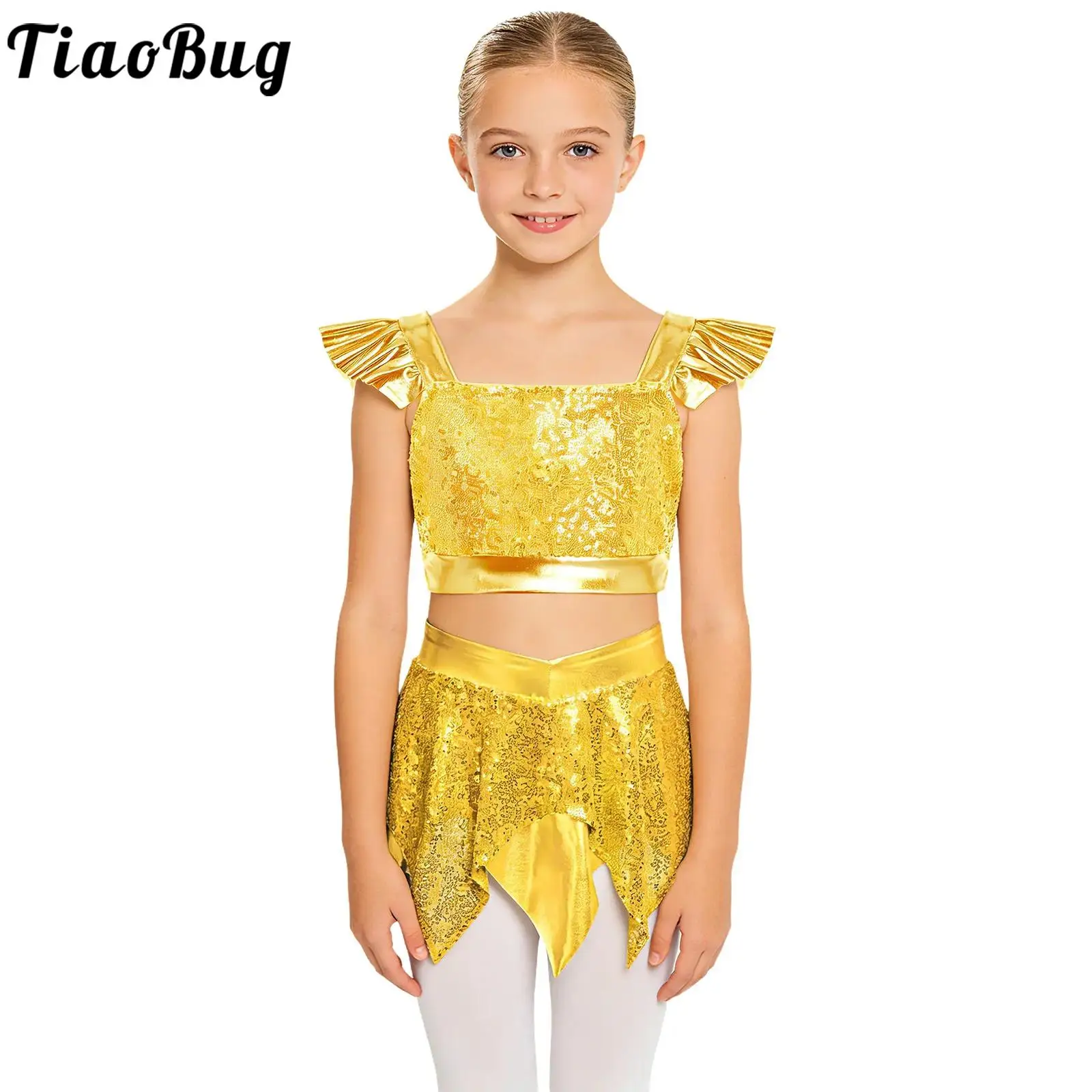 Kids Girls Metallic Shiny Jazz Dance Outfit Ruffled Sleeves Sequins Crop Top with Skirt Cheerleading Hip Hop Street Dancewear
Kids Girls Metallic Shiny Jazz Dance Outfit Ruffled Sleeves Sequins Crop Top with Skirt Cheerleading Hip Hop Street Dancewear