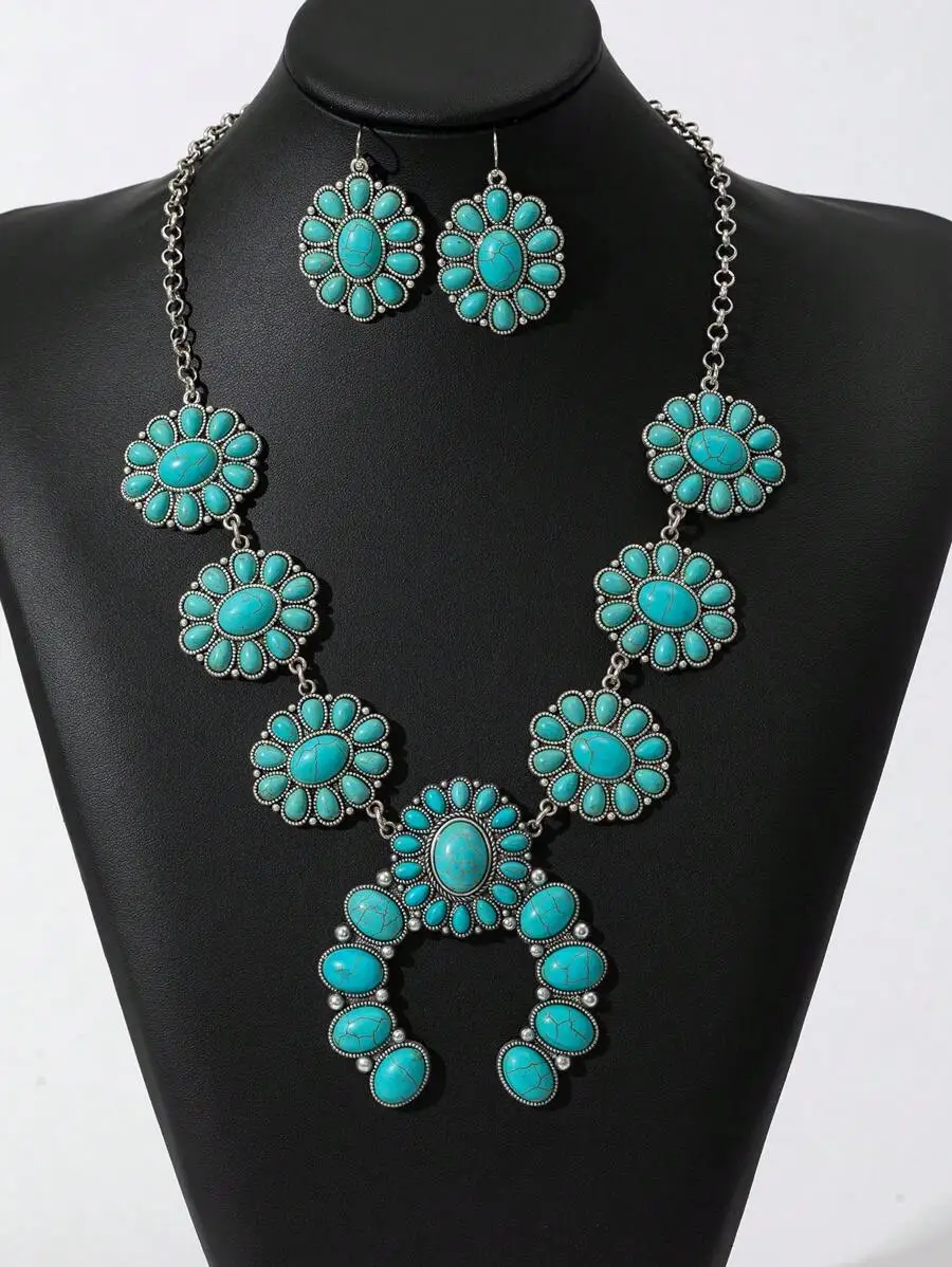 Turquoise Floral Horseshoe Zinc Alloy Boho Necklace And Earring Set For Women Vintage Style Daily Party Autumn Winter Wear
Turquoise Floral Horseshoe Zinc Alloy Boho Necklace And Earring Set For Women Vintage Style Daily Party Autumn Winter Wear