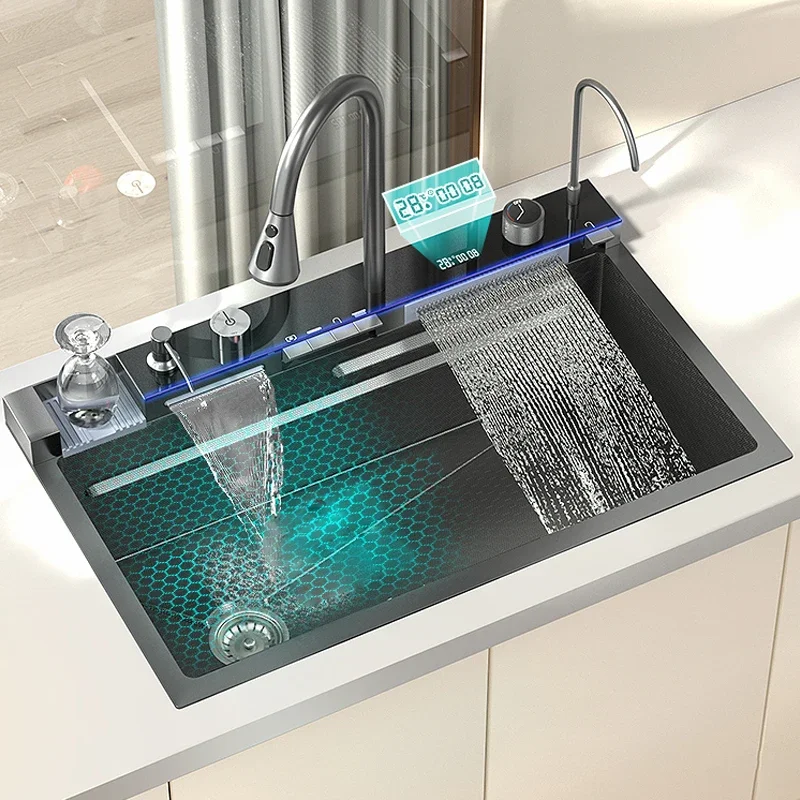 Kitchen Sink Stainless Steel Waterfall Sink Digital Display Large Single Slot Household Washbasin left side down kitchen
Kitchen Sink Stainless Steel Waterfall Sink Digital Display Large Single Slot Household Washbasin left side down kitchen