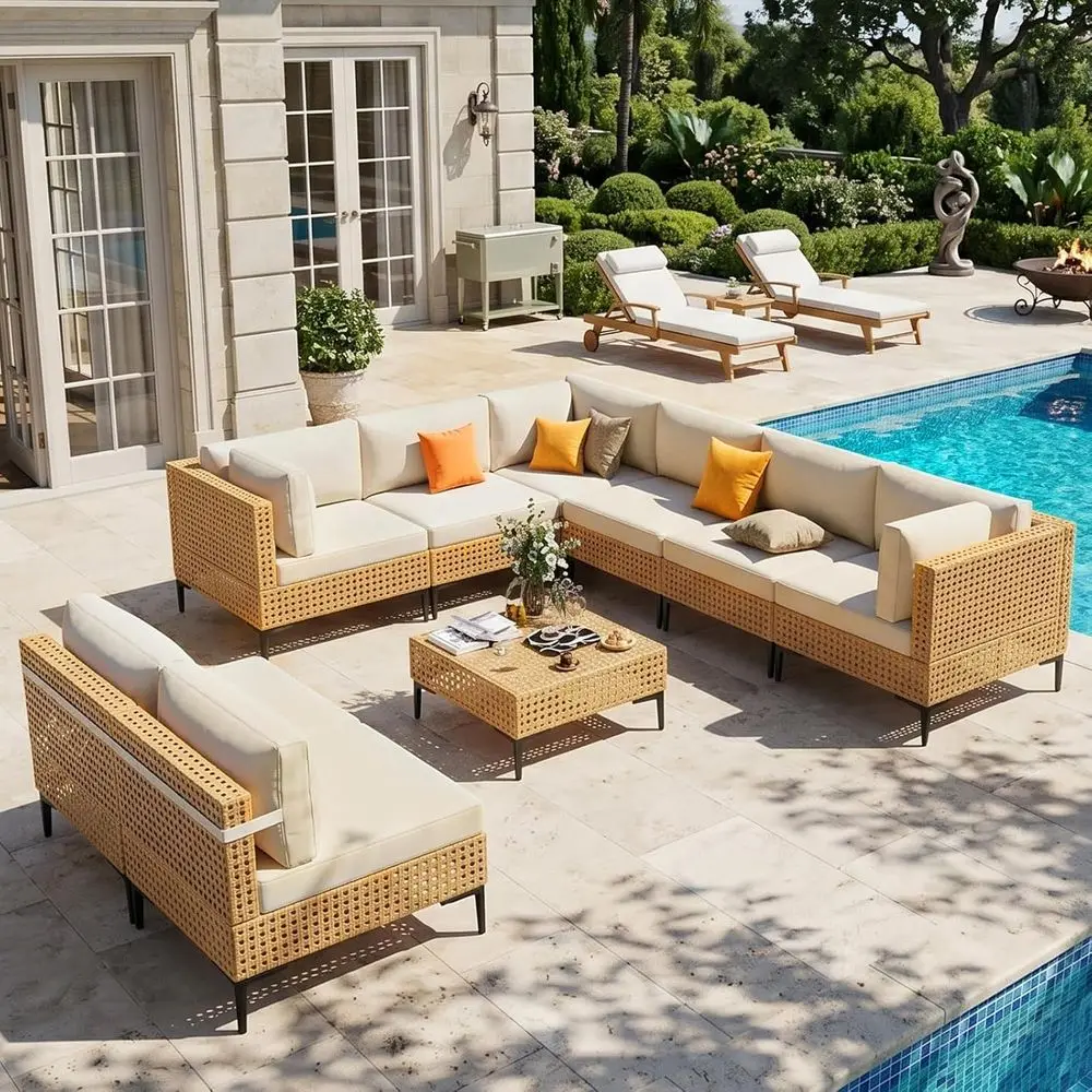110 Wicker Outdoor Sectional Patio Furniture Set with Cushions and Coffee Table, Boho Style, Beige
110 Wicker Outdoor Sectional Patio Furniture Set with Cushions and Coffee Table, Boho Style, Beige