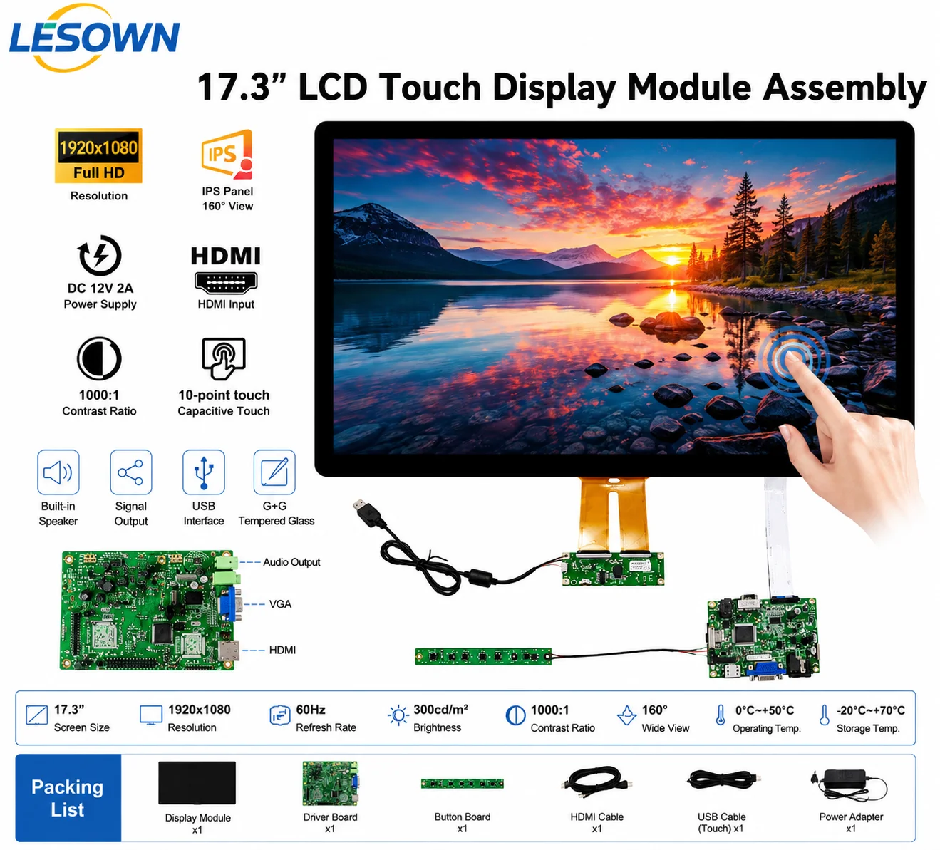 LESOWN 17.3 In Módulo de Pantalla LCD Touch 1920x1080 Monitor Layout Plug & Play HDTV VGA 12V Controller Board Assembly
LESOWN 17.3 In Módulo de Pantalla LCD Touch 1920x1080 Monitor Layout Plug & Play HDTV VGA 12V Controller Board Assembly