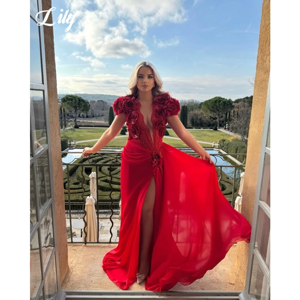 Lily Red Prom Dress 3D Flowers Chiffon Evening Dress with Deep V Neck High Slit Flowy Party Dress فستان سهرة نسائي Customized
Lily Red Prom Dress 3D Flowers Chiffon Evening Dress with Deep V Neck High Slit Flowy Party Dress فستان سهرة نسائي Customized