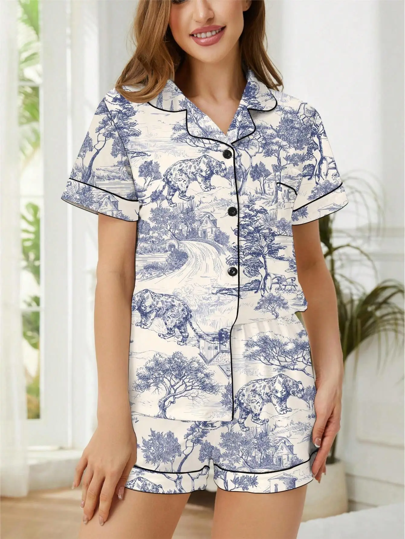 Women Cheetah Scenery Printed Pajama Set Short Sleeve Shirt With Collar Button Loose Elastic Waist Shorts
Women Cheetah Scenery Printed Pajama Set Short Sleeve Shirt With Collar Button Loose Elastic Waist Shorts