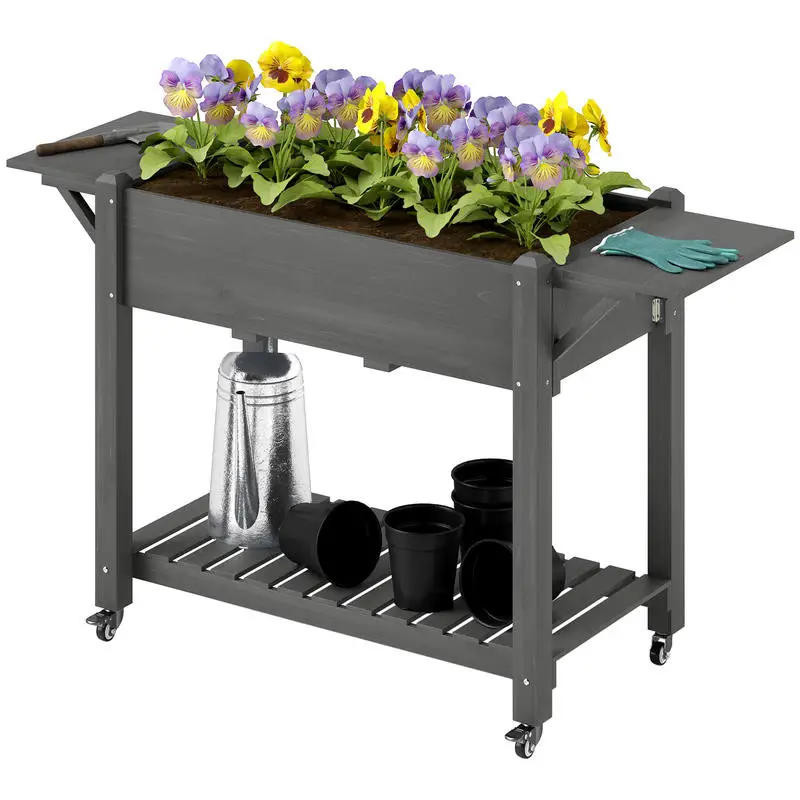 Wood Raised Planter Box, Elevated Garden Bed with Lockable Wheels, Side Tables, Bottom Shelf, Drain Holes, Gray
Wood Raised Planter Box, Elevated Garden Bed with Lockable Wheels, Side Tables, Bottom Shelf, Drain Holes, Gray