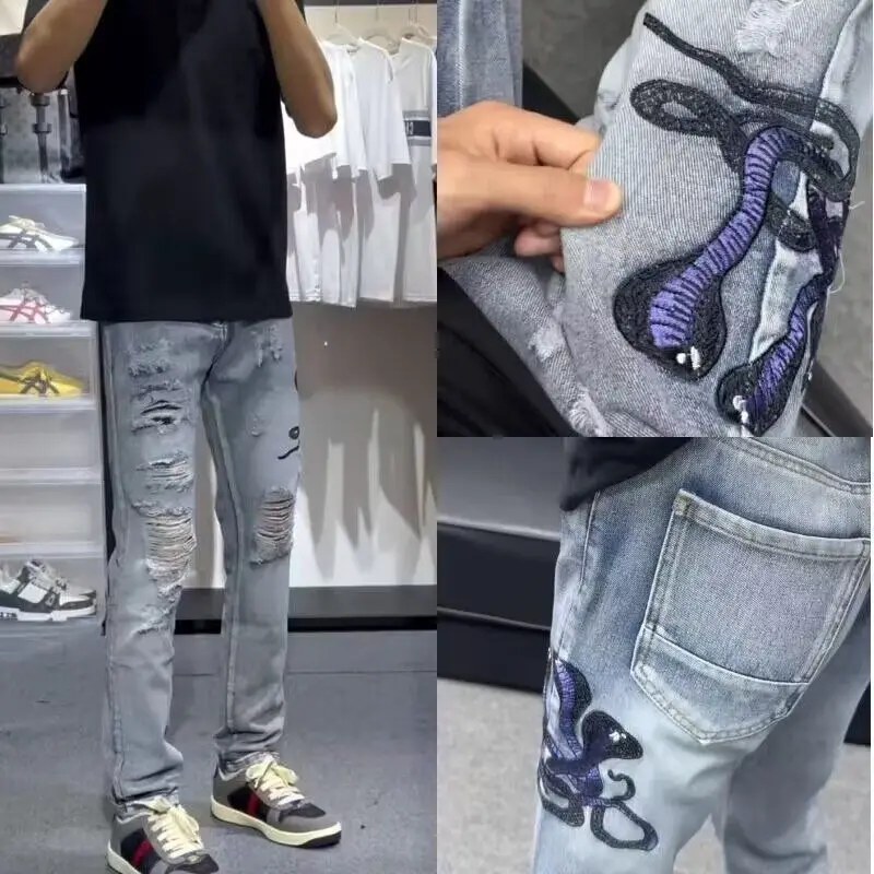 Trendy Snake Year Embroidered Slim Fit Denim Jeans Patchwork Hole Straight Leg Cotton Youth Faion High Street Skinny Pants
Trendy Snake Year Embroidered Slim Fit Denim Jeans Patchwork Hole Straight Leg Cotton Youth Faion High Street Skinny Pants