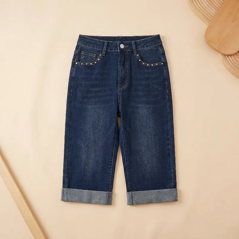 Women's Dark Wash High Waist Studded Denim Capri Pants, Rolled Cuff Knee-Length Jean Shorts with Embroidery
Women's Dark Wash High Waist Studded Denim Capri Pants, Rolled Cuff Knee-Length Jean Shorts with Embroidery