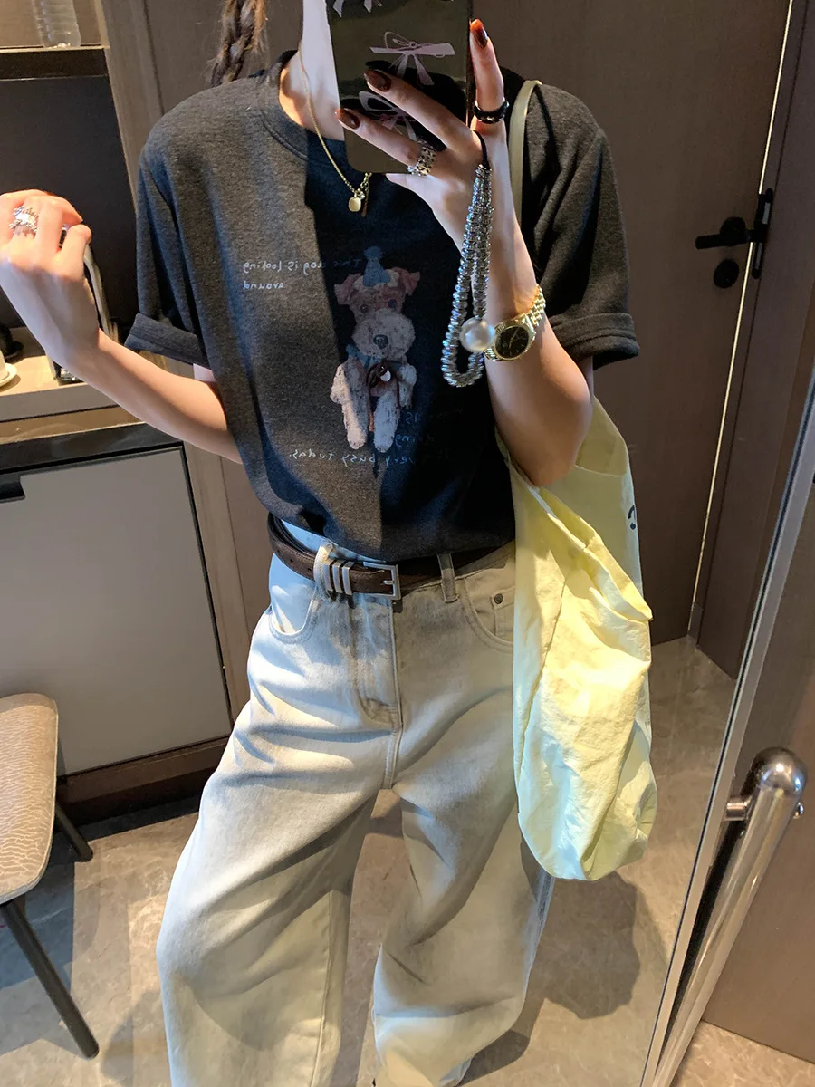 Spring women's casual and playful cartoon dog print round neck base short sleeved T-shirt
Spring women's casual and playful cartoon dog print round neck base short sleeved T-shirt