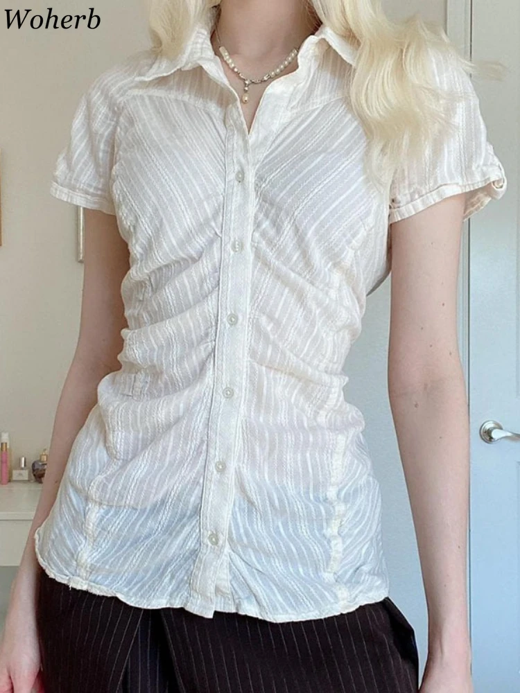 Fashion Office Lady White Pleated Blouse Summer Single Breasted Slim Fit Blouses Women's Clothing Short Sleeve All Match Shirts
Fashion Office Lady White Pleated Blouse Summer Single Breasted Slim Fit Blouses Women's Clothing Short Sleeve All Match Shirts