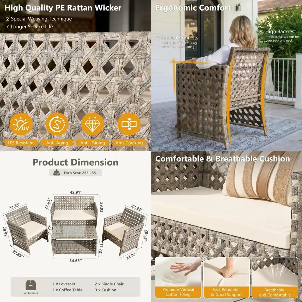 4 Pieces Patio urniture Set,PE Wicker Outdoor Contion Sets,Weather Resistant Loveseat with High Back Chairs Table or Porch Balco
4 Pieces Patio urniture Set,PE Wicker Outdoor Contion Sets,Weather Resistant Loveseat with High Back Chairs Table or Porch Balco