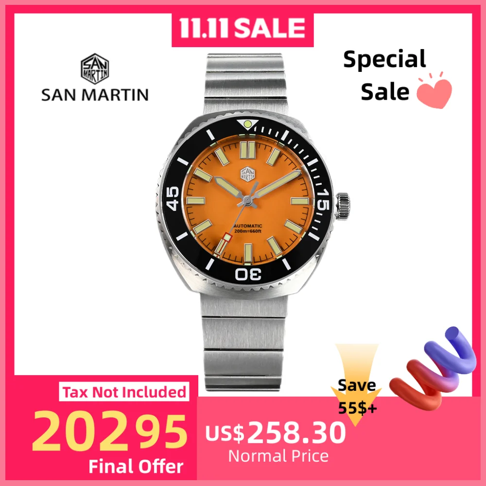 San Martin 40.5mm Enamel Orange Dial Men Diving Watch NH35 Automatic C3 Green Lume 20ATM Sapphire Glass SN0045-1
San Martin 40.5mm Enamel Orange Dial Men Diving Watch NH35 Automatic C3 Green Lume 20ATM Sapphire Glass SN0045-1