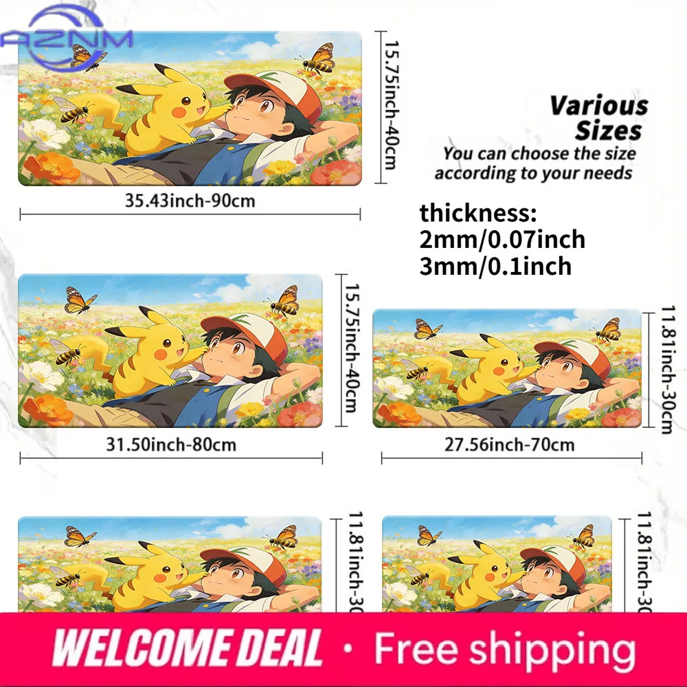 Pokemon Ash & Pikachu Flower Field Gaming Desk Mat Non-Slip Washable Mouse Pad