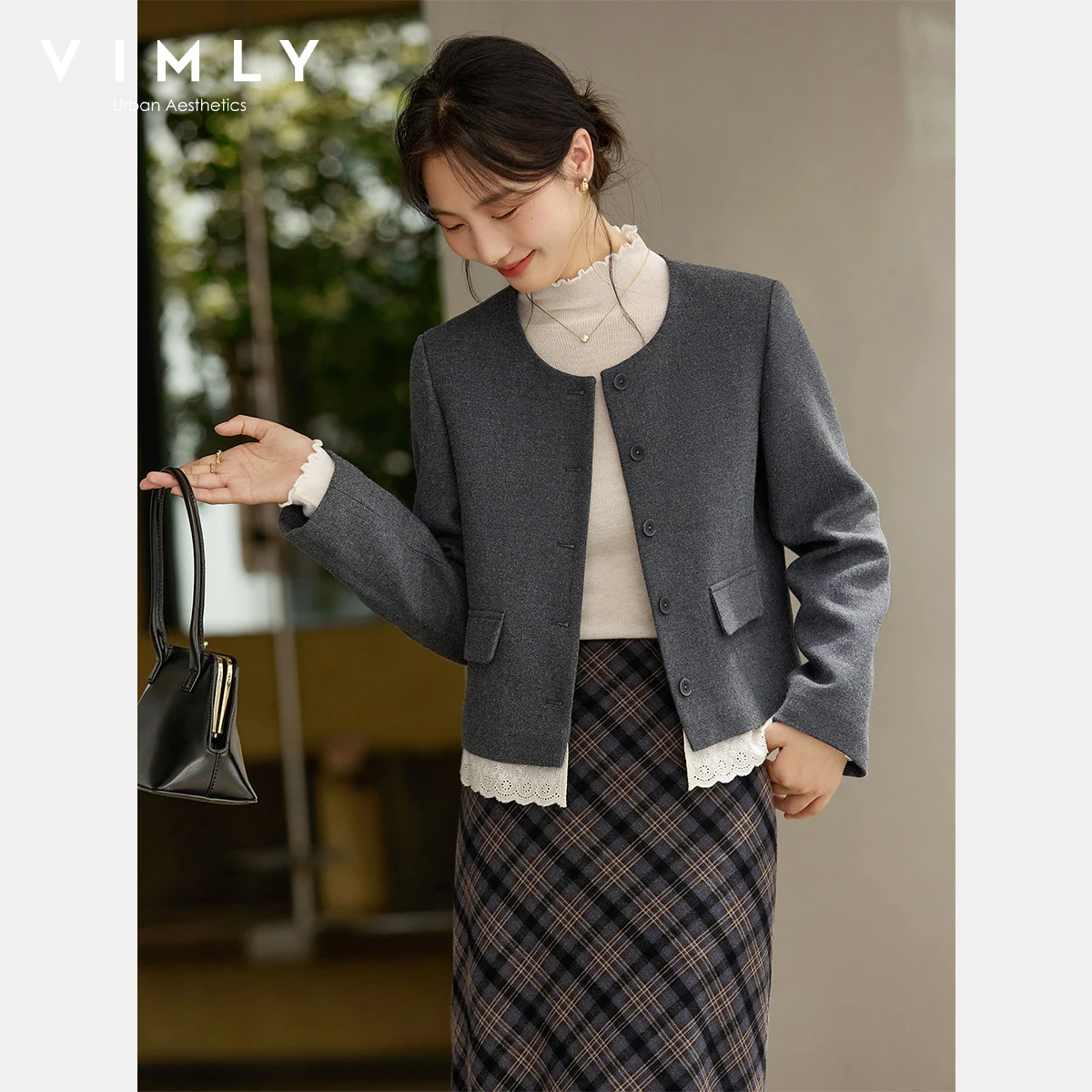 VIMLY Women's Grey Coats Elegant Autumn 2026 Causal Round Neck Lace Spliced Button Short Jacket Long Sleeve Lady Outerwear A2665
VIMLY Women's Grey Coats Elegant Autumn 2026 Causal Round Neck Lace Spliced Button Short Jacket Long Sleeve Lady Outerwear A2665