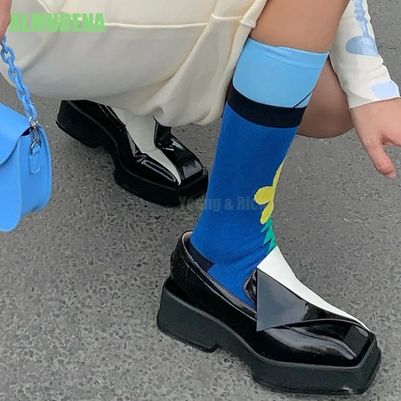 Women's Black White Color Block Patent Leather Loafers Square Toe Platform Chunky Heel Slip On Casual Streetwear Footwear
Women's Black White Color Block Patent Leather Loafers Square Toe Platform Chunky Heel Slip On Casual Streetwear Footwear