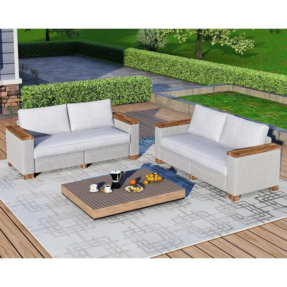 All-Weather Wicker 4-Piece Patio Furniture Set with Solid Wood Armrests, Wooden Legs, and Cushions for Outdoor Spaces
All-Weather Wicker 4-Piece Patio Furniture Set with Solid Wood Armrests, Wooden Legs, and Cushions for Outdoor Spaces