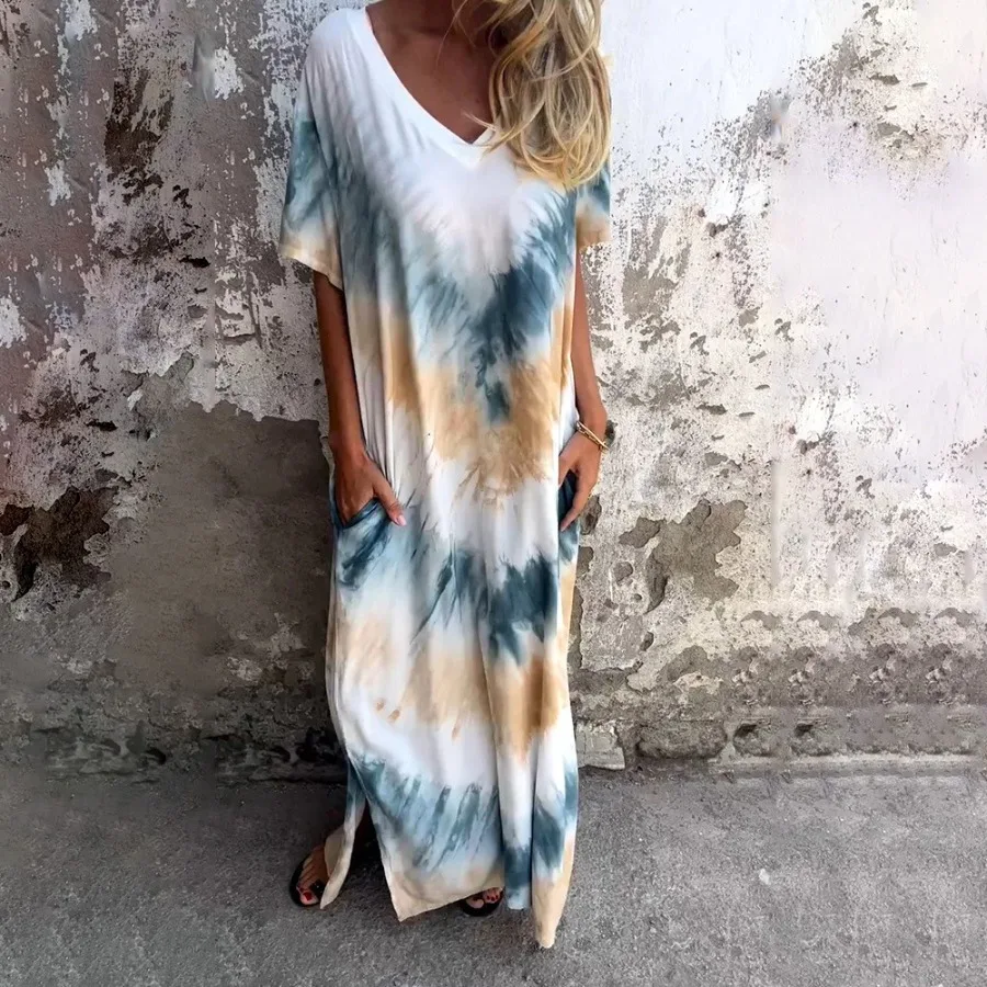 【New style】 2026 summer new European and American women's casual loose short-sleeved V-neck split tie-dyed long dress
【New style】 2026 summer new European and American women's casual loose short-sleeved V-neck split tie-dyed long dress
