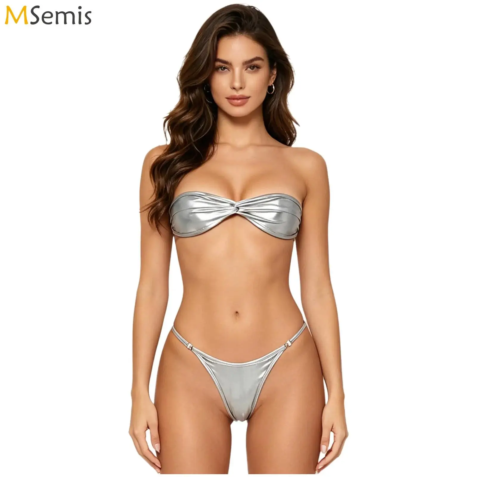 Womens Mini Bikini Swimsuit Metallic Shiny Bathing Suit Strapless Twisted Knot Back Buckle Bra Top T-back Bikini Briefs Swimwear
Womens Mini Bikini Swimsuit Metallic Shiny Bathing Suit Strapless Twisted Knot Back Buckle Bra Top T-back Bikini Briefs Swimwear