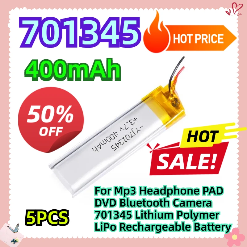 For Mp3 Headphone PAD DVD Bluetooth Camera 3.7V 400MAH 701345 Lithium Polymer LiPo Rechargeable Battery
For Mp3 Headphone PAD DVD Bluetooth Camera 3.7V 400MAH 701345 Lithium Polymer LiPo Rechargeable Battery