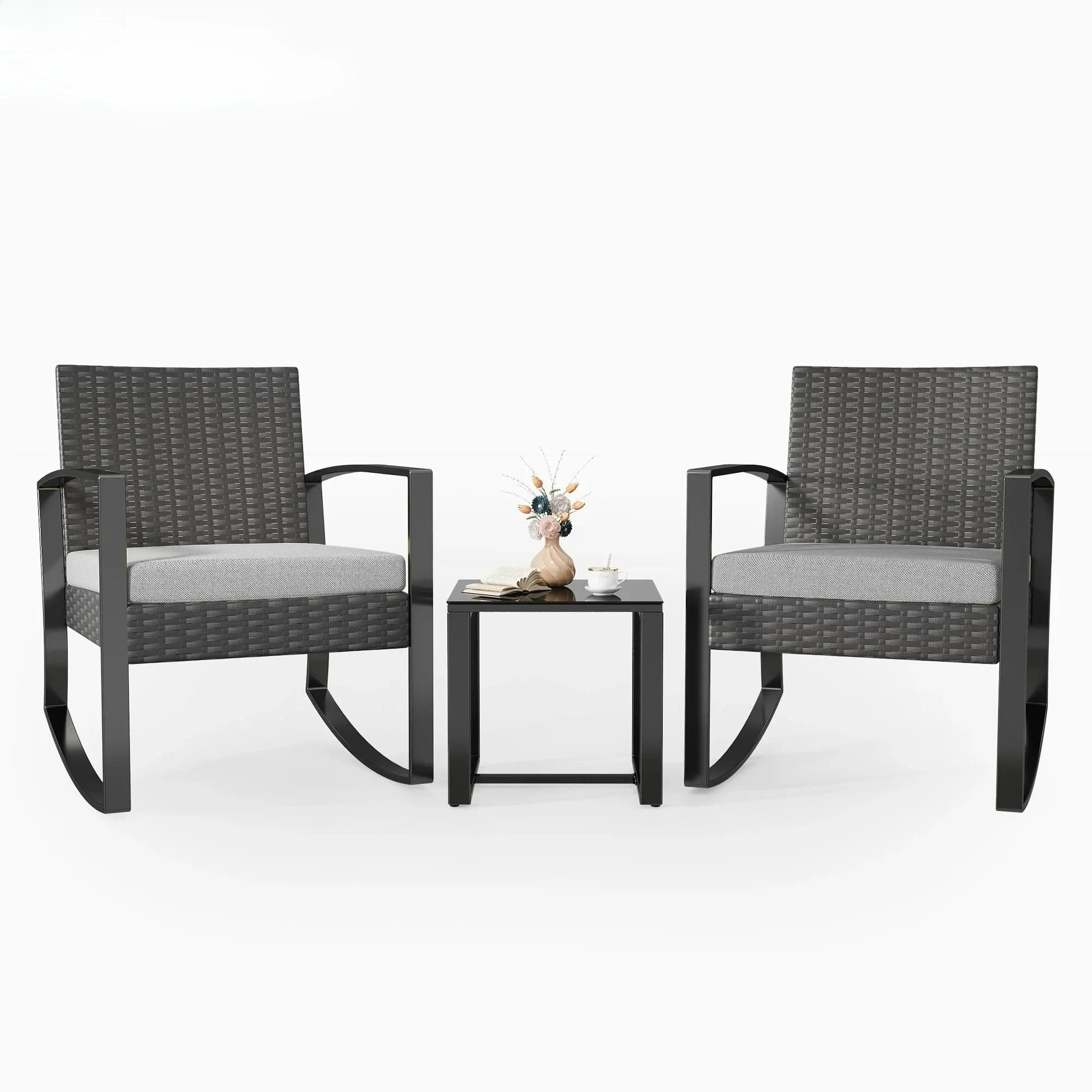 3-Piece Patio Furniture Set, Rocking Wicker Chair with Soft Cushion and Coffee Table, for Garden, Balcony, Backyard, Gray
3-Piece Patio Furniture Set, Rocking Wicker Chair with Soft Cushion and Coffee Table, for Garden, Balcony, Backyard, Gray