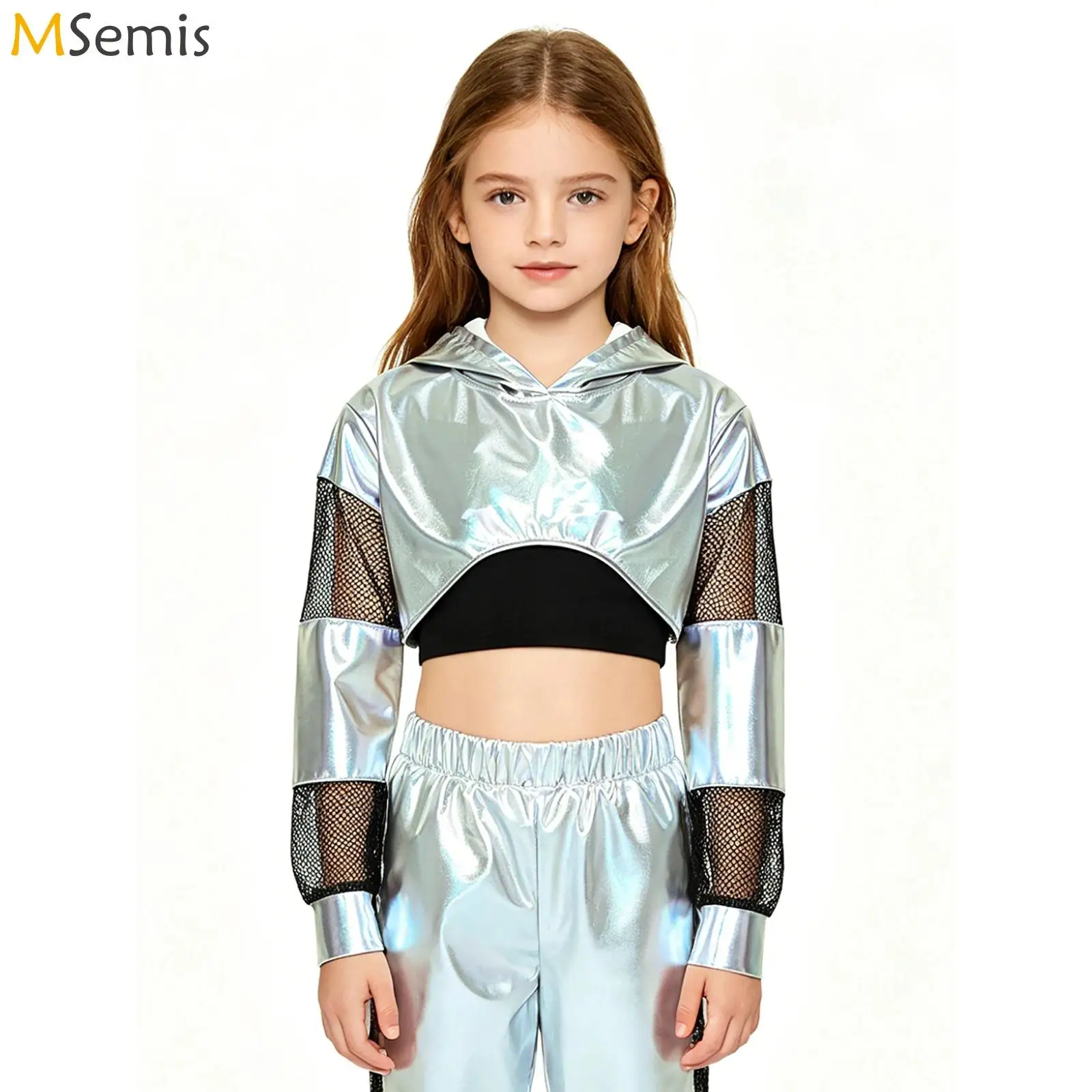 Kids Girls Metallic Hoodie Hip-hop Jazz Dance Performance Costume Mesh Patchwork Long Sleeve Hooded Pullover Crop Top Sweatshirt
Kids Girls Metallic Hoodie Hip-hop Jazz Dance Performance Costume Mesh Patchwork Long Sleeve Hooded Pullover Crop Top Sweatshirt