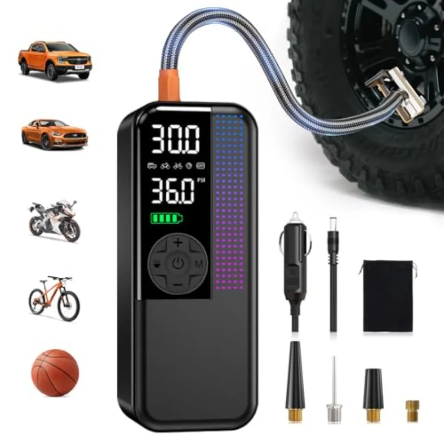 Tire Inflator Portable Air Compressor 150 PSI Cordless Air Pump Dual Power 12V DC Car Plug Fast Inflation 24L/Min Auto Shut-Off
Tire Inflator Portable Air Compressor 150 PSI Cordless Air Pump Dual Power 12V DC Car Plug Fast Inflation 24L/Min Auto Shut-Off