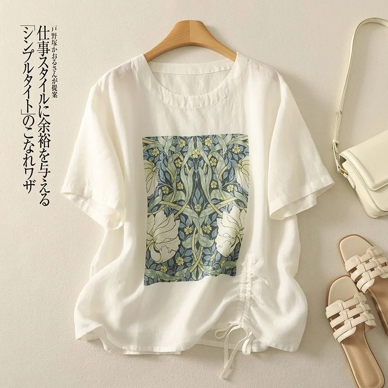 Women's White Linen T-Shirt Floral Print Round Neck Short Sleeve Drawstring Casual Top
Women's White Linen T-Shirt Floral Print Round Neck Short Sleeve Drawstring Casual Top