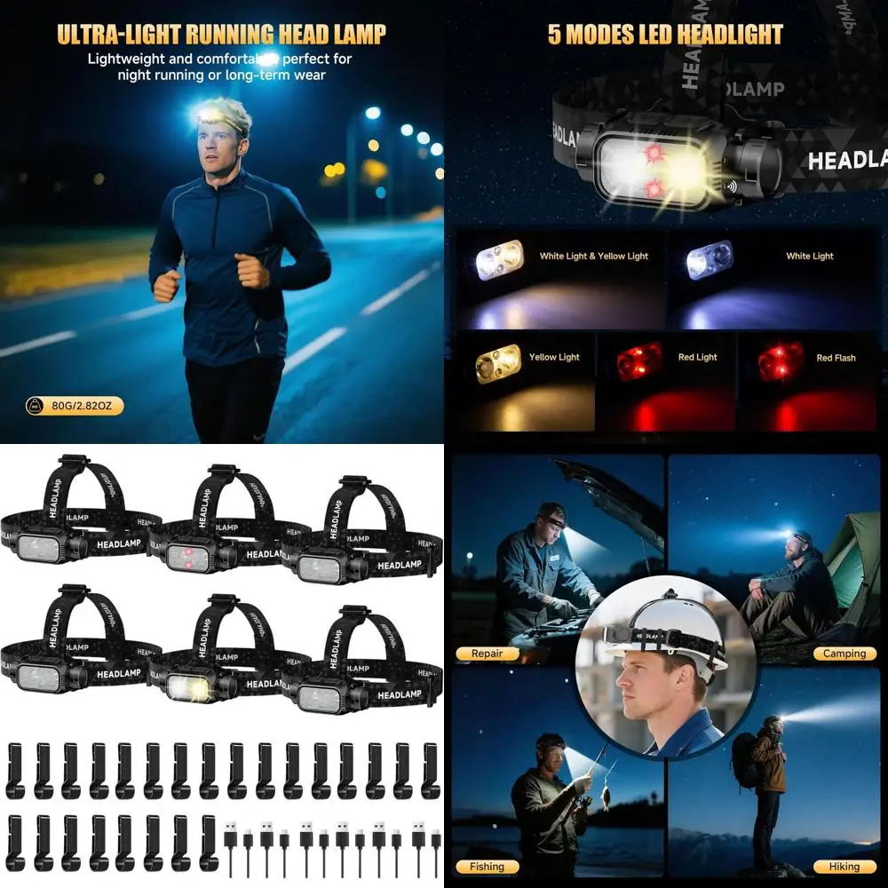 6-Pack Rechargeable LED Headlamps - Ultra Bright with Red Light, Motion Sensor, 5 Modes, Adjustable, Waterproof for Outdoor Acti
6-Pack Rechargeable LED Headlamps - Ultra Bright with Red Light, Motion Sensor, 5 Modes, Adjustable, Waterproof for Outdoor Acti