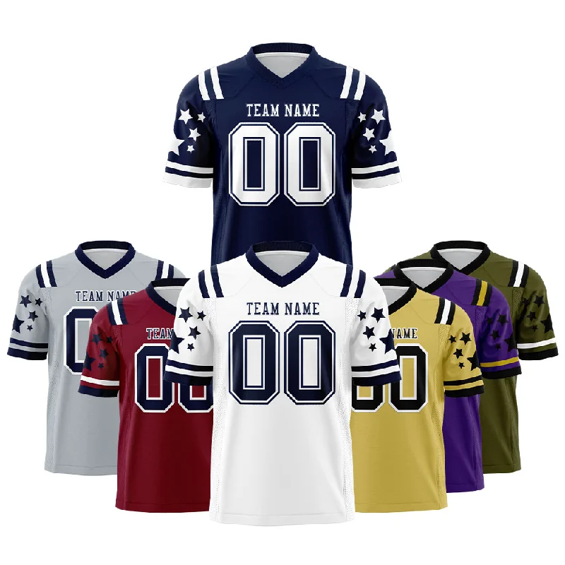 Custom Football Jerseys Short Sleeve Rugby Jersey Star Sleeve Detail Printe Stripe Trim Design for Adults and Youth Sportswear
Custom Football Jerseys Short Sleeve Rugby Jersey Star Sleeve Detail Printe Stripe Trim Design for Adults and Youth Sportswear