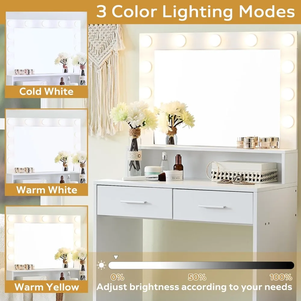 Vanity Desk with Mirror and Lights, 2 Level Storage Dresser & 3 Lighting Modes Adjustable Brightness, Makeup Vanities
Vanity Desk with Mirror and Lights, 2 Level Storage Dresser & 3 Lighting Modes Adjustable Brightness, Makeup Vanities