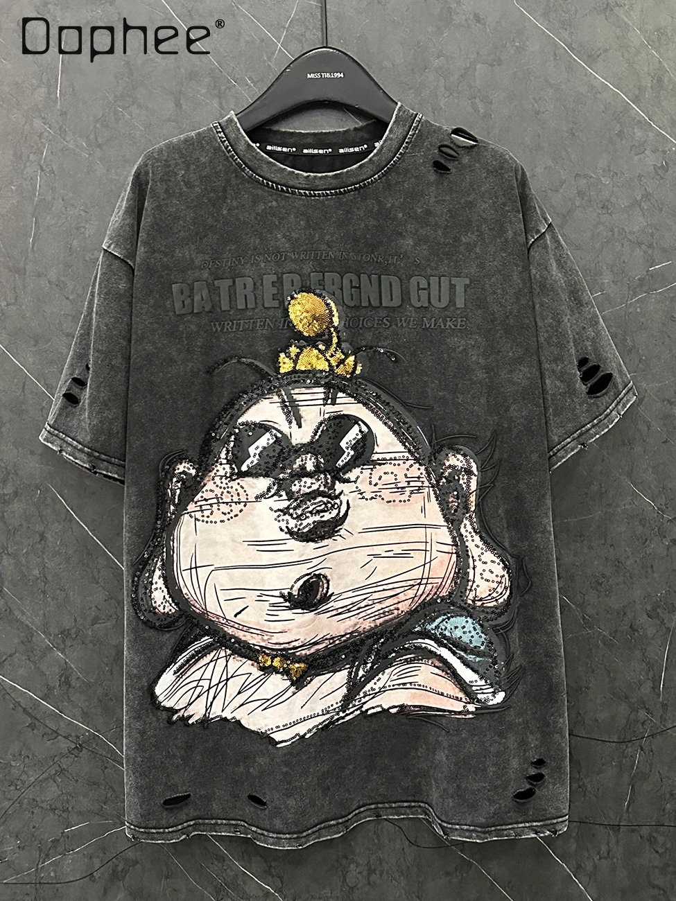 Summer New Animation Hole Design Sense Taiyi Short-sleeved T-shirt Women's Loose Casual Style Medium Length Black Grey Top
Summer New Animation Hole Design Sense Taiyi Short-sleeved T-shirt Women's Loose Casual Style Medium Length Black Grey Top